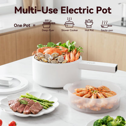 Electric Hot Pot 1.5L with Steamer – Portable Multi-Cooker for Noodles, Soup, Eggs & Quick Meals | Fast Heating Non-Stick Pot